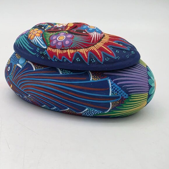 Hand-Painted Mexican Pottery Sun & Moon Trinket Box With Lid 5" - Picture 7 of 10